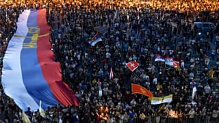 People attend a church-led protest in Podgorica, Montenegro on Sunday, June 14 2020