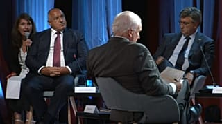 European leaders speak on a panel at an economic forum in Slovenia