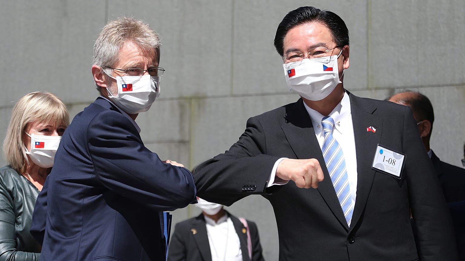 Czech Senate President Milos Vystrcil is greeted by Taiwanese Foreign Minister Joseph Wu at the National Chengchi University.