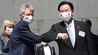 Czech Senate President Milos Vystrcil is greeted by Taiwanese Foreign Minister Joseph Wu at the National Chengchi University.