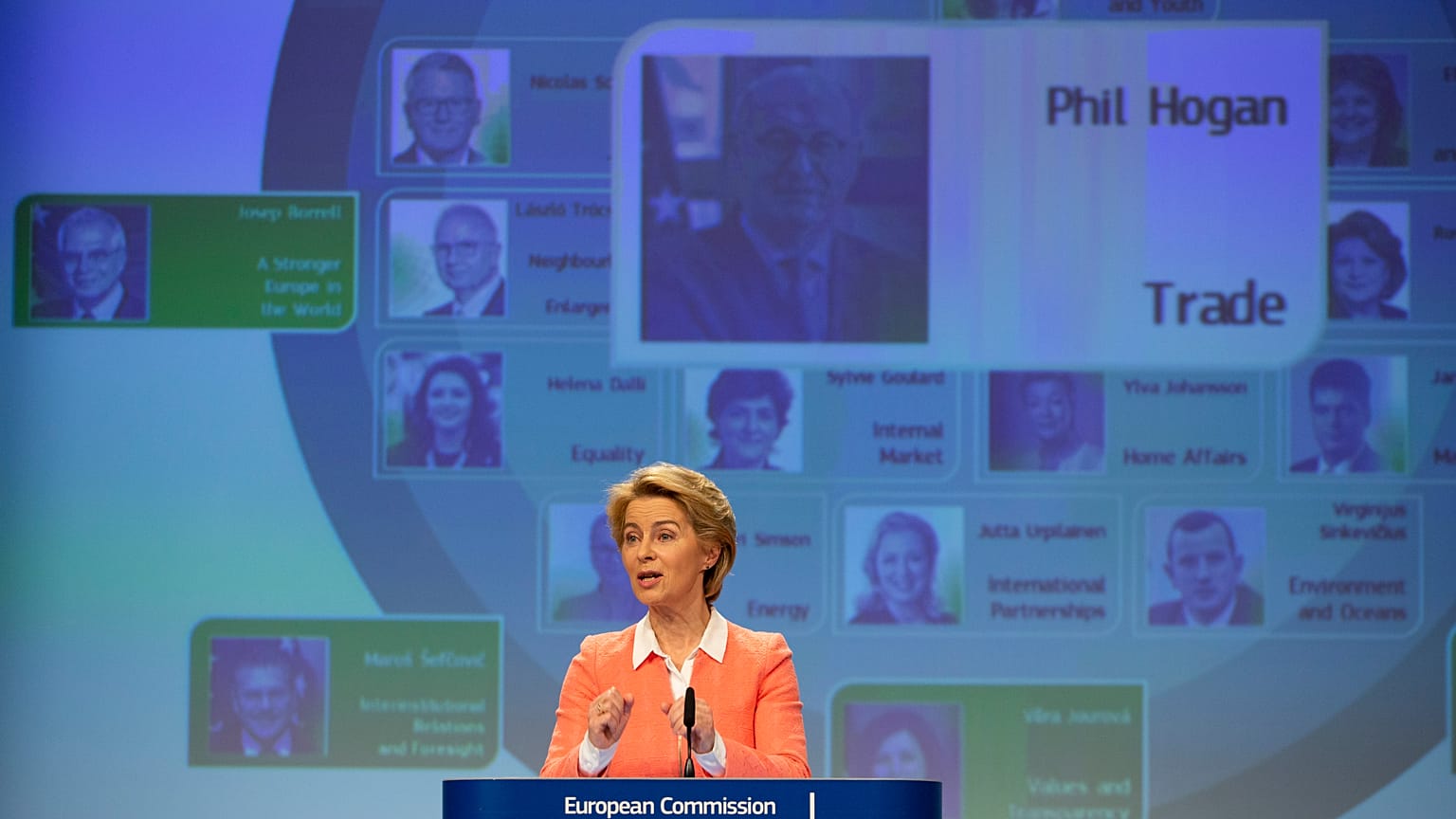 A year ago: European Commission President Ursula von der Leyen announces Ireland's Phil Hogan as candidate for EU Trade Commissioner in Brussels,  Sept. 10, 2019.