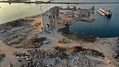 This Aug. 29, 2020 photo shows rubble and debris around the silo that was destroyed by Aug. 4 explosion that hit the seaport of Beirut, Lebanon.
