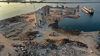 This Aug. 29, 2020 photo shows rubble and debris around the silo that was destroyed by Aug. 4 explosion that hit the seaport of Beirut, Lebanon.