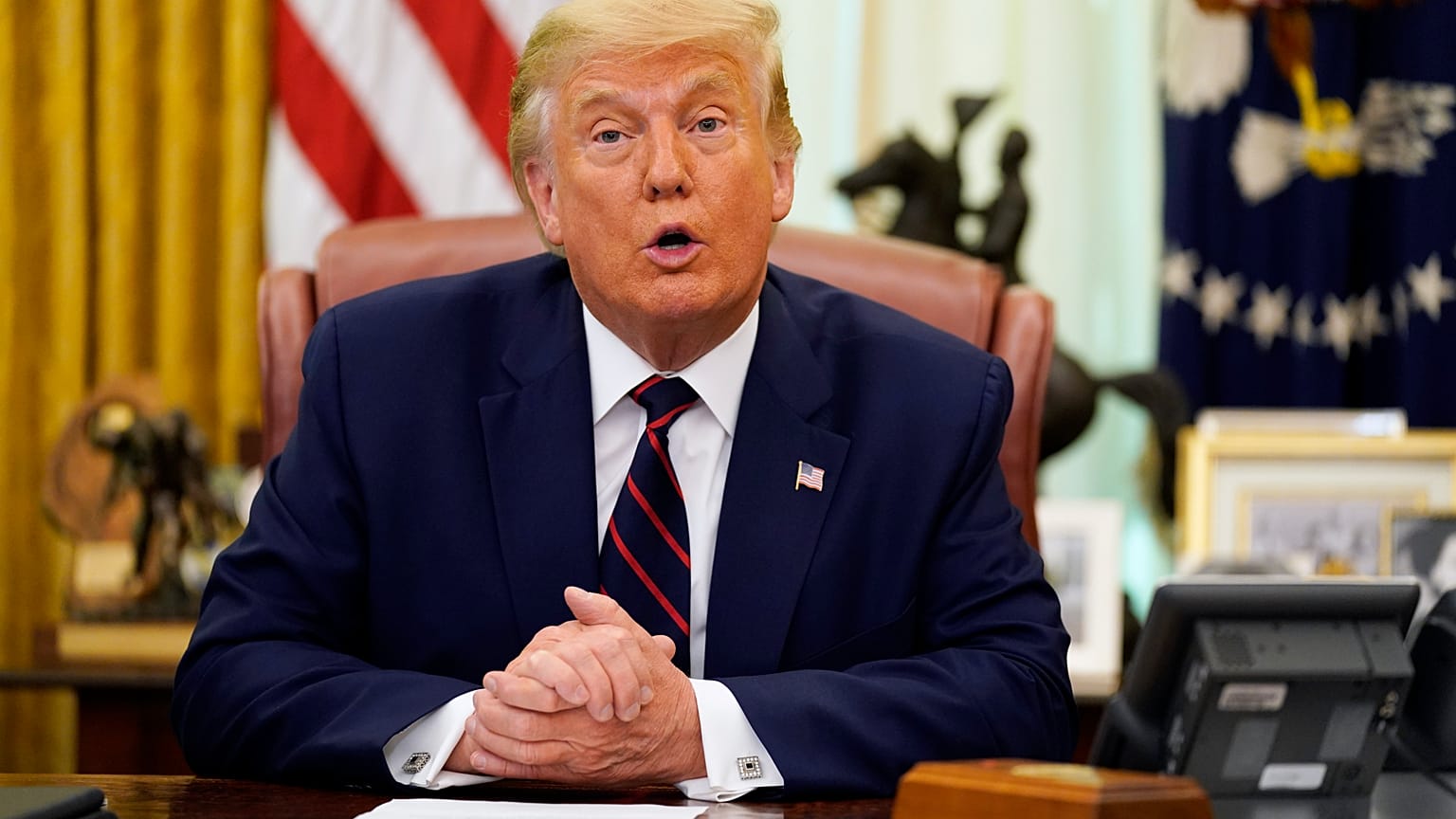 President Donald Trump speaks before participating in a signing ceremony with Serbian President Vucic and Kosovar Prime Minister Hoti in the Oval Office. Sept. 4, 2020.