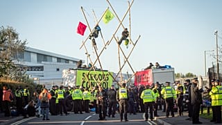 Extinction Rebellion activists create a structure to blockade Newsprinters plant, UK. Septemeber 5, 2020.