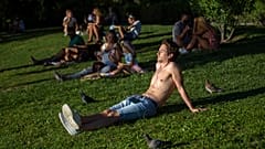 La gente toma el sol en el parque del Retiro en Madrid, España, el viernes 28 de agosto de 2020.