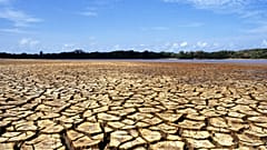 Landscape of a dry, cracked soil with water and vegetation in the background in Ilha do Caju, state of Maranhão, Brazil.