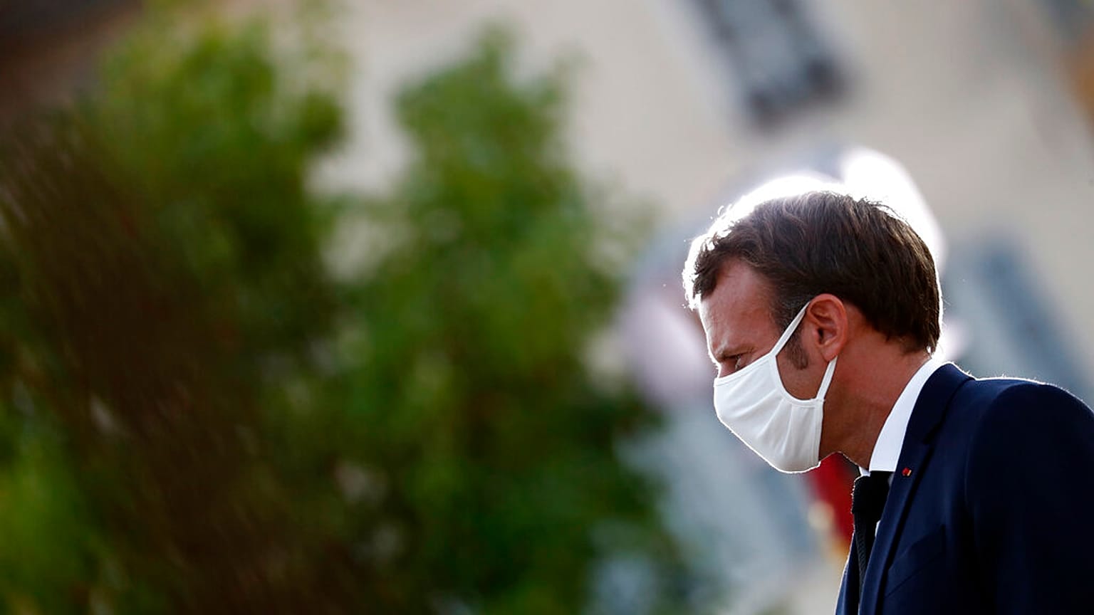 French President Emmanuel Macron attends a ceremony marking the anniversary of the liberation of Ajaccio of Sept.9 1943, in Ajaccio, Corsica island, Wednesday Sept. 9 2020.