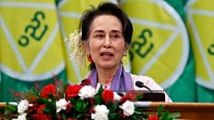 In this Jan. 28, 2020, file photo, Myanmar's leader Aung San Suu Kyi delivers a speech during a meeting on implementation of Myanmar Education Development in Naypyidaw