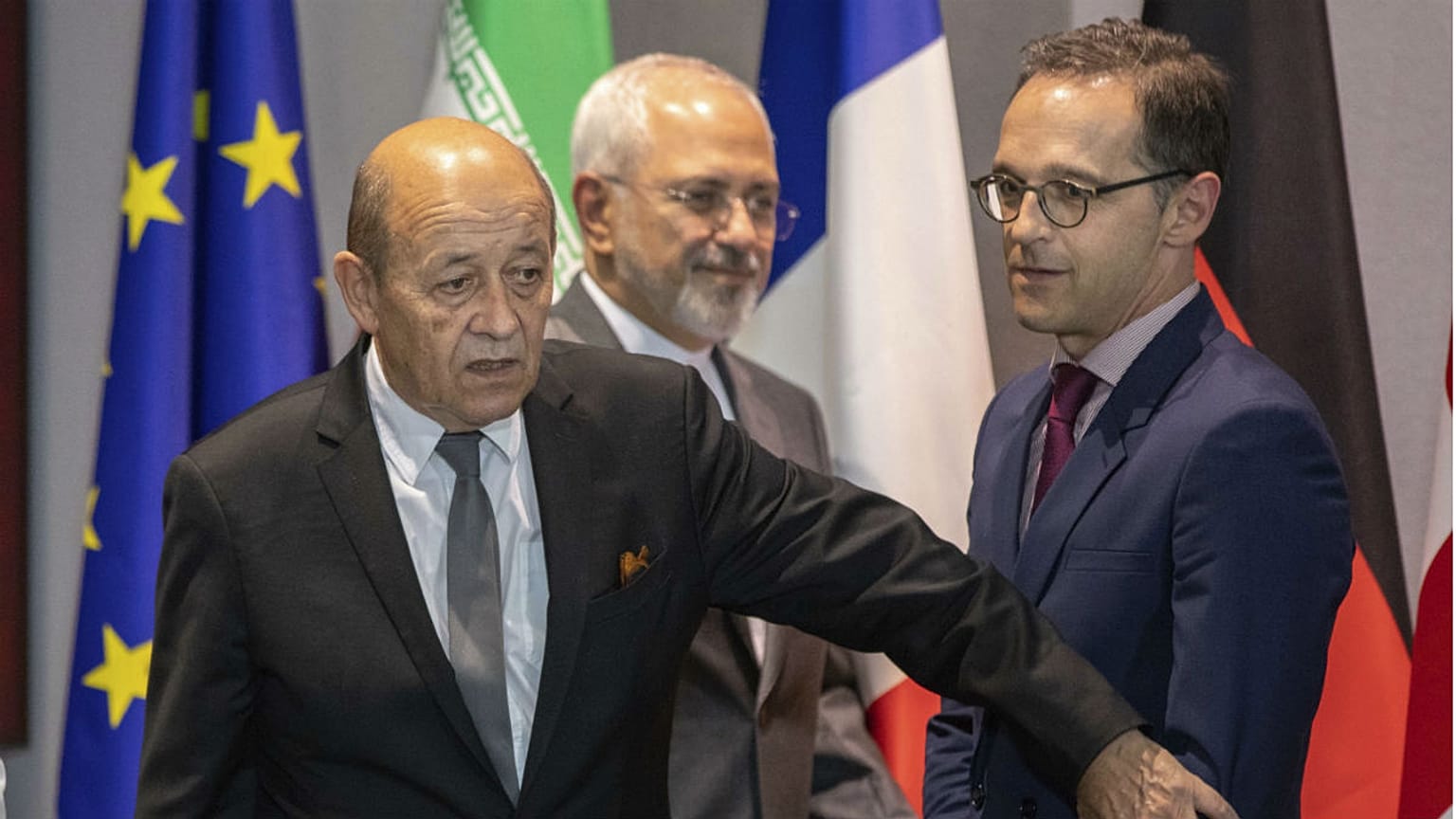 French Foreign Minister Jean-Yves Le Dria, Iranian Foreign Minister Javad Zarif, and German Foreign Minister Heiko Maas