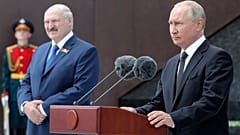 Russian President Vladimir Putin, right, and Belarusian President Alexander Lukashenko at public ceremony, in the village of Khoroshevo, Russia, 30, 2020