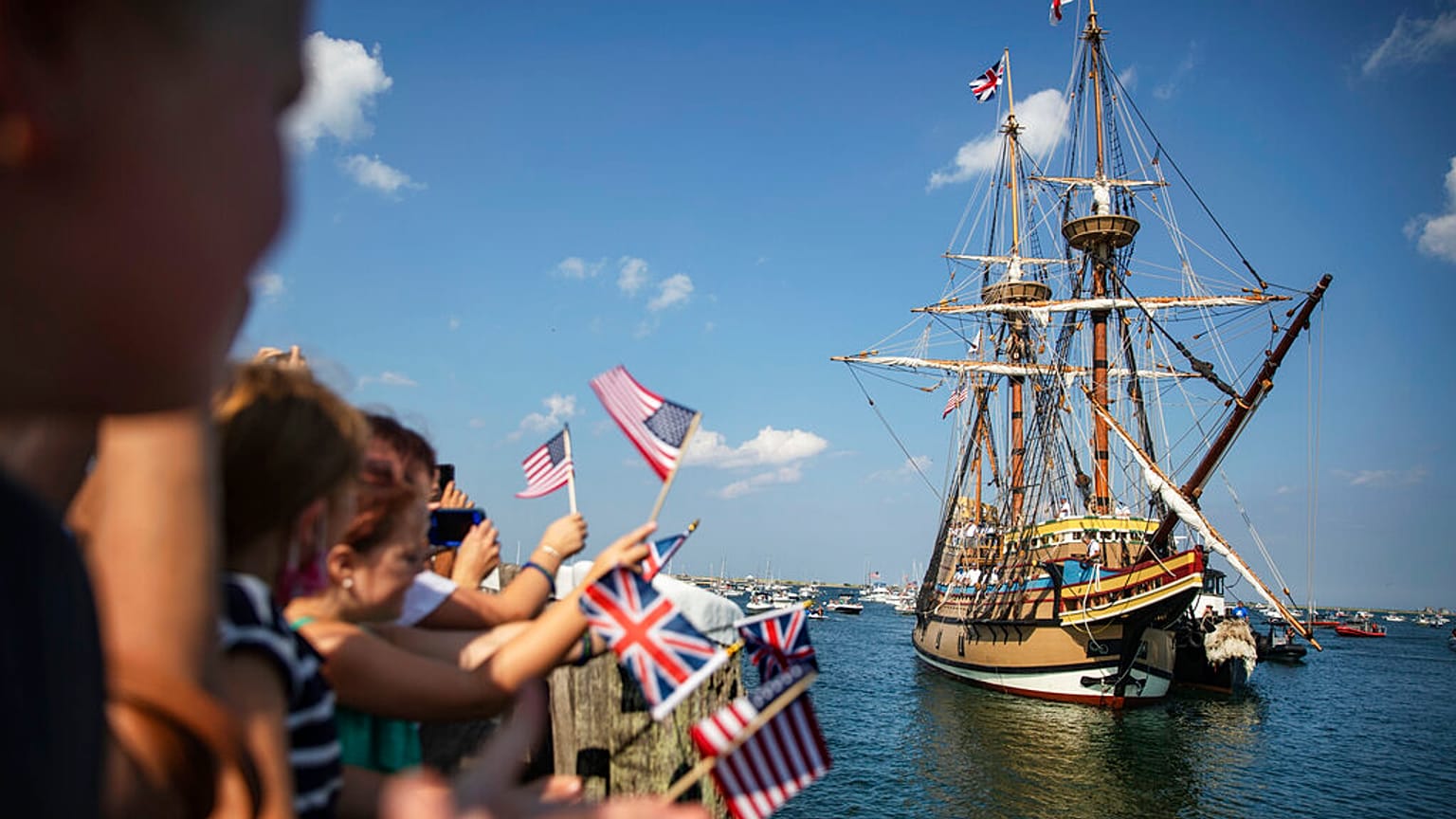 In this Aug. 10, 2020 file photo the Mayflower II, a replica of the original Mayflower ship that brought the Pilgrims to America 400 year ago, sails into Plymouth, Mass.