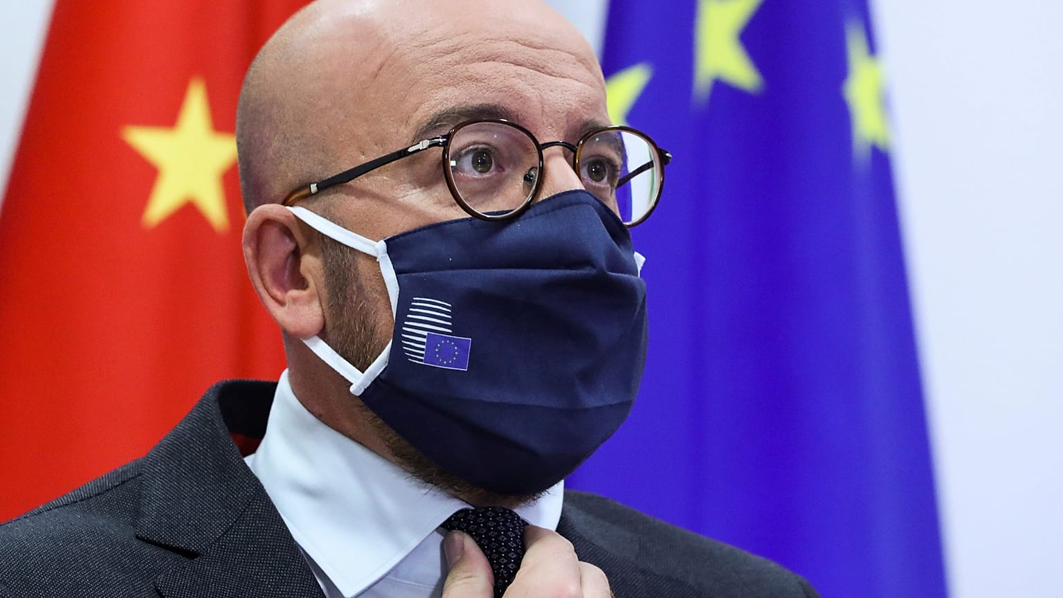 European Council President Charles Michel prepares to speak with China's President Xi Jinping during a videoconference summit in Brussels, Sept. 14, 2020.