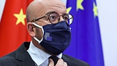 File: European Council President Charles Michel prepares to speak with China's President Xi Jinping during a videoconference summit in Brussels, Sept. 14, 2020.