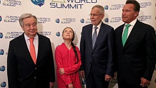 From left to right: Antonio Guterres, Greta Thunberg, Alexander Van der Bellen and Arnold Schwarzenegger at the 2019 Austrian World Climate Conference.