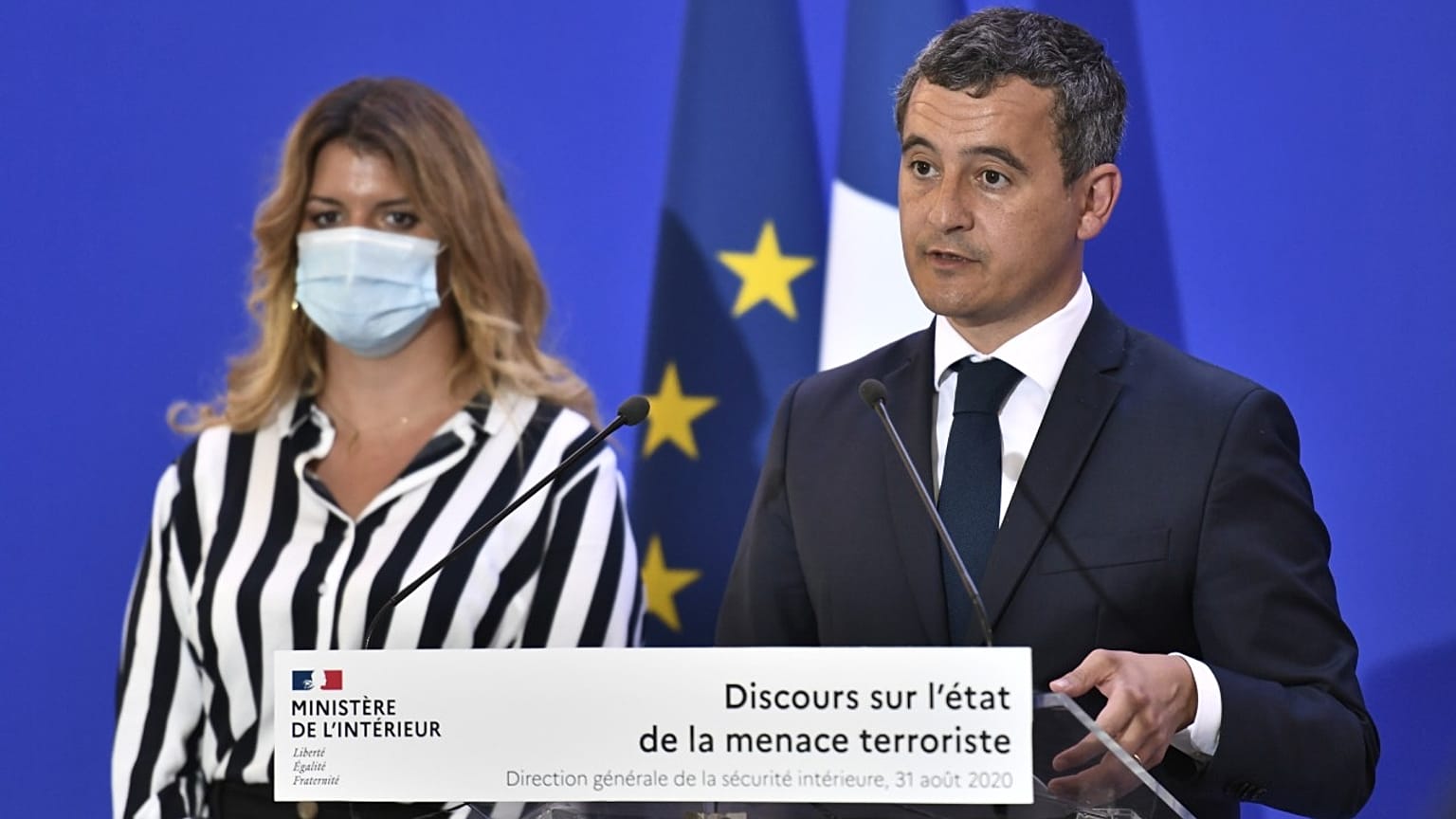 Fransa İçişleri Bakanı Gerald Darmanin ve Vatandaşlık İşlerinden Sorumlu Devlet Bakanı Marlene Schiappa