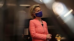 European Commission President Ursula von der Leyen speaks with the media in the hallway at the European Parliament in Brussels, Wednesday, Sept. 16, 2020.