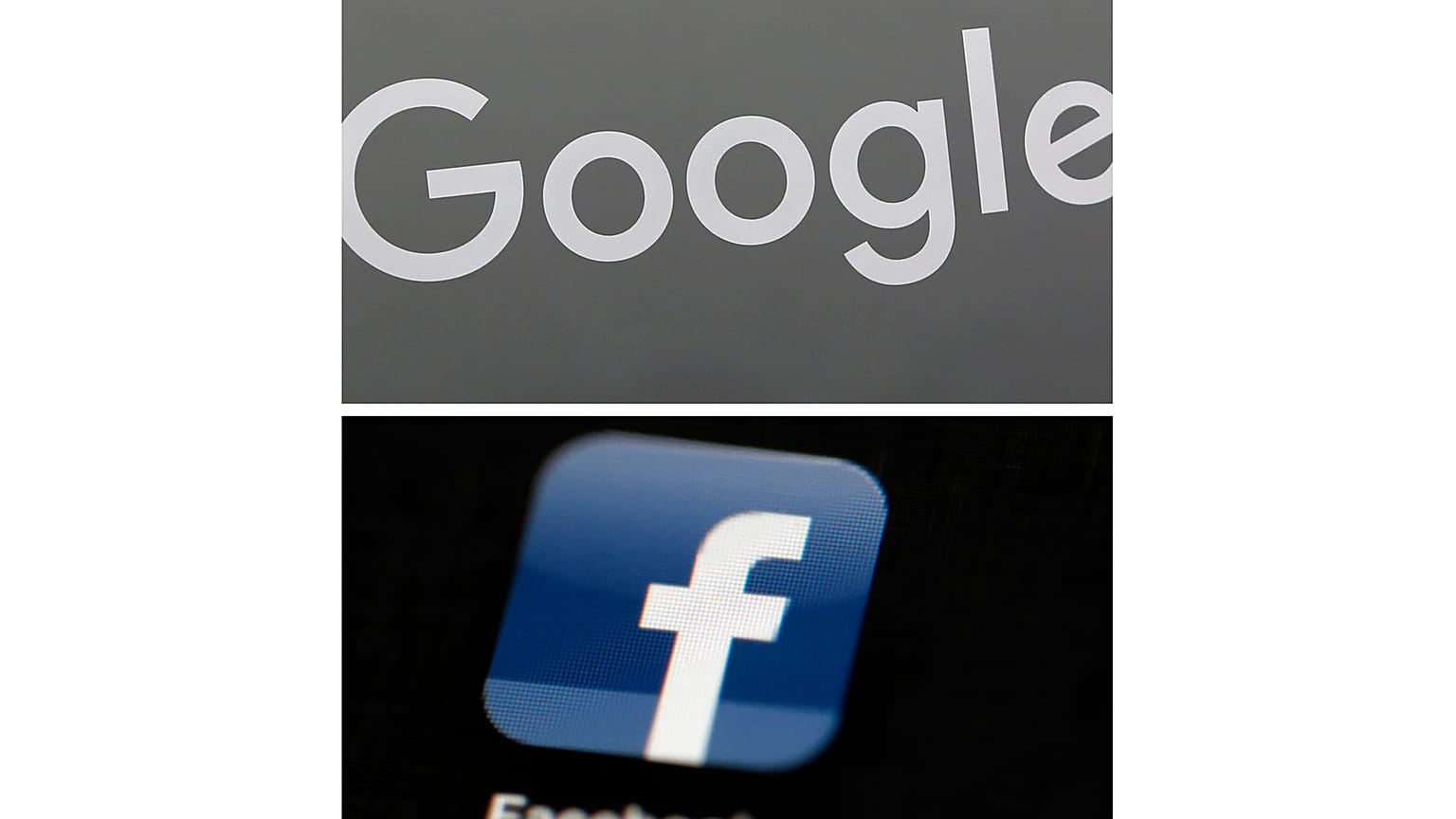 This combination of file photos shows a Google sign and the Facebook app. 