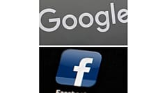 This combination of file photos shows a Google sign and the Facebook app. 