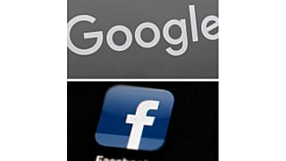 This combination of file photos shows a Google sign and the Facebook app.