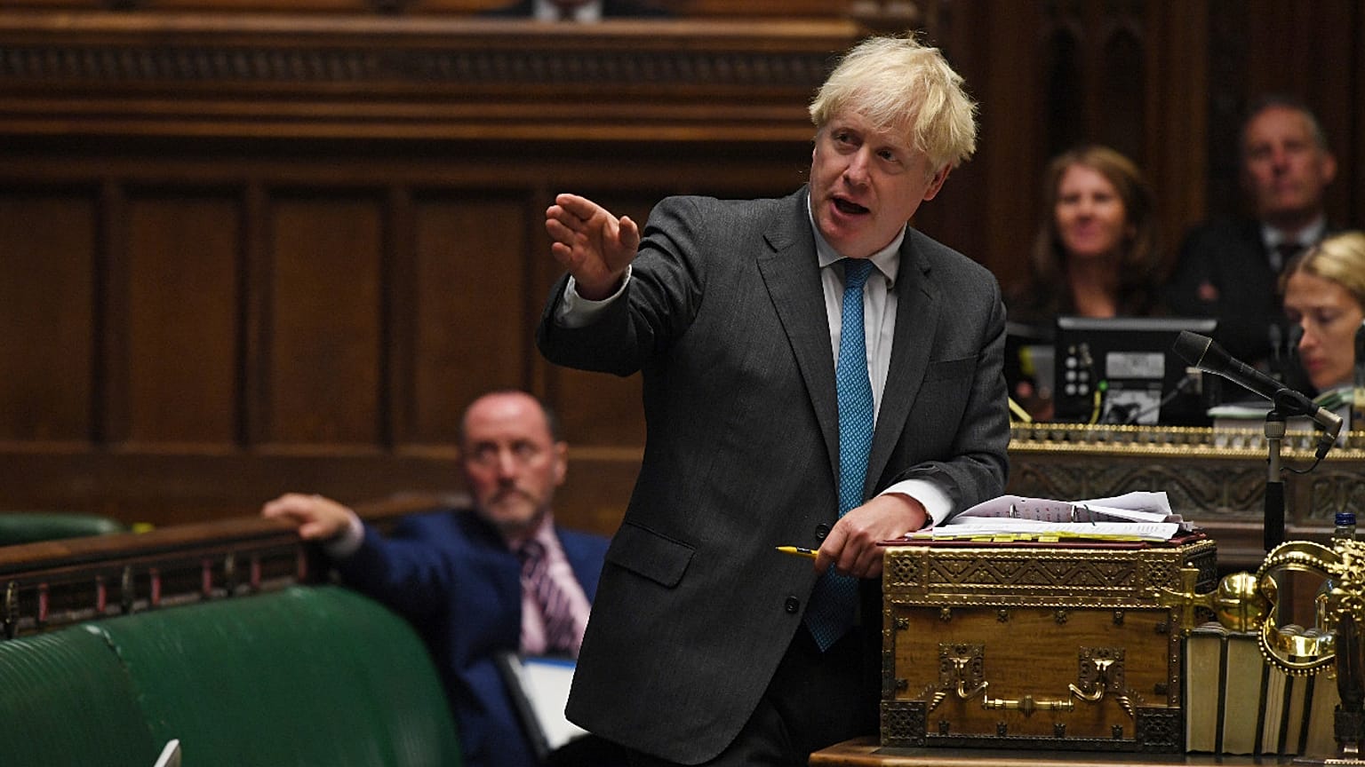 Britain's Prime Minister Boris Johnson speaks during Prime Minister's Questions in the House of Commons in London, Wednesday, Sept. 16, 2020. 