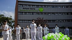 Health workers protest at a Madrid nursing home on Tuesday September 15