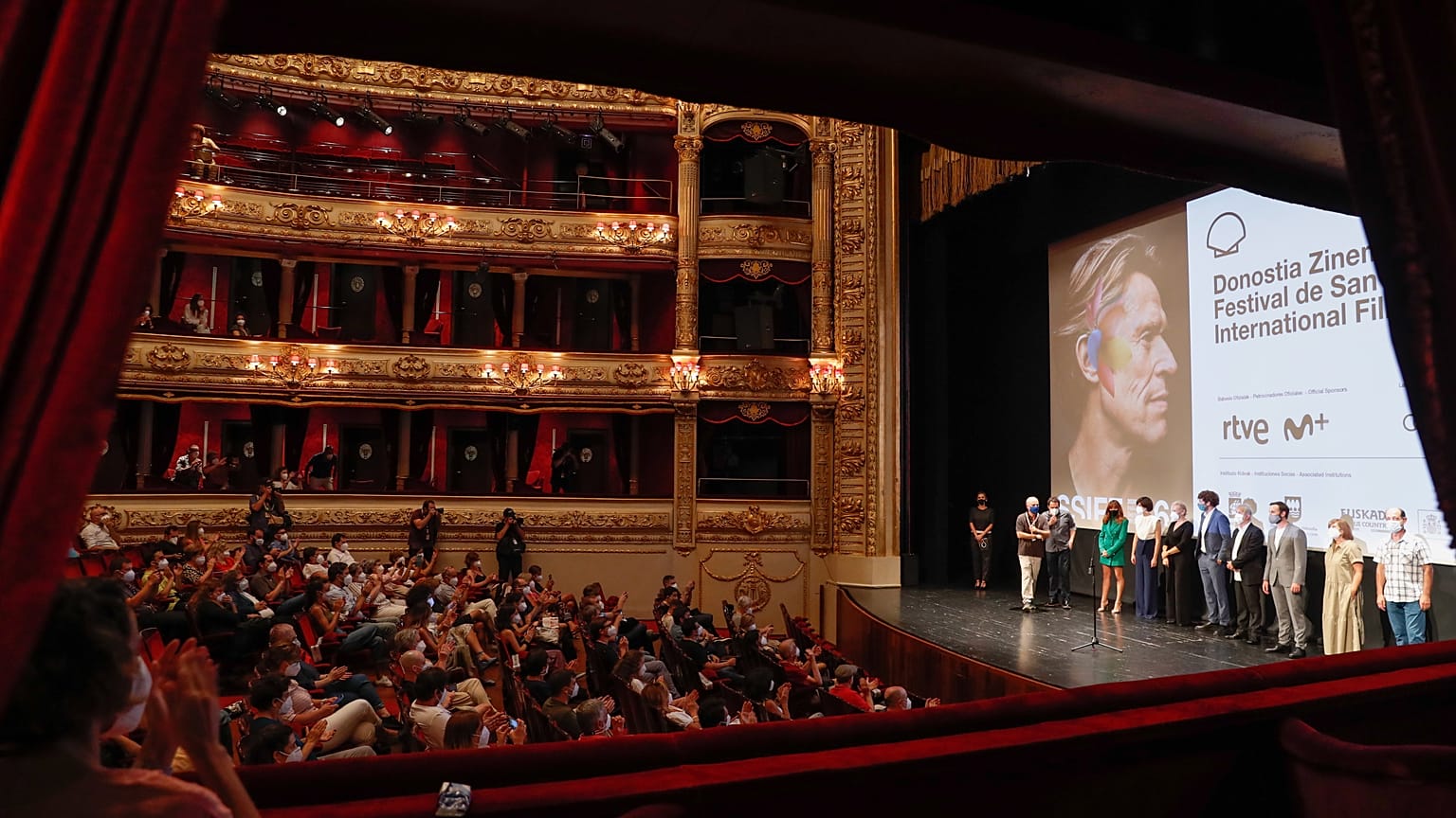The cast of TV show 'Patria' takes part in the show held at the Victoria Eugenia Theater as part of the 68th edition of the San Sebastian International Film Festival