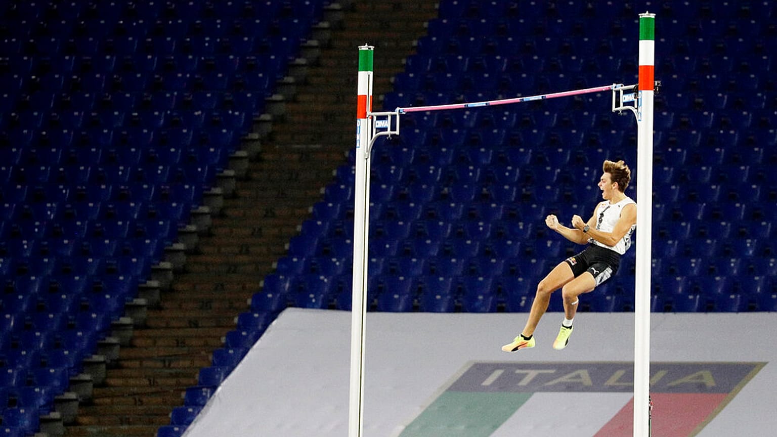 Sweden's Armand Duplantis in action to jump m. 6.15, the highest ever outdoor mark, during the men's pole vault competition at the Golden Gala