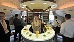 A bar in the first class section on board Airbus A380 passenger plane of Emirates Airline