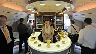 A bar in the first class section on board Airbus A380 passenger plane of Emirates Airline