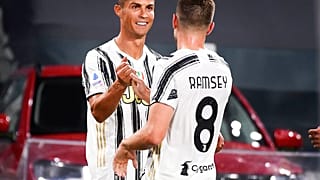 Juventus' Cristiano Ronaldo, left, celebrates his goal with teammate Aaron Ramsey during an Italian Serie A match between Juventus and Sampdoria at the Allianz Arena