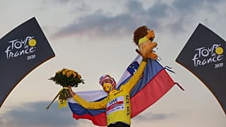 Tour de France winner Slovenia's Tadej Pogacar, wearing the overall leader's yellow jersey