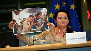 Svetlana Tikhanovskaïa lors de son audition devant la commission des affaires étrangères du Parlement européen à Bruxelles, lundi 21 septembre 2020