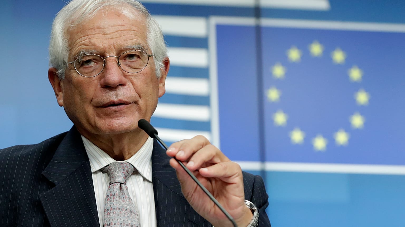 European Union foreign policy chief Josep Borrell after a meeting of EU foreign affairs ministers at the European Council building in Brussels, Sept. 21, 2020.