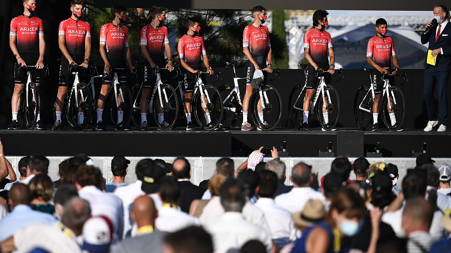amsic riders attend the teams' presentation two days before the start of the 1st stage of the 107th edition of the Tour de France