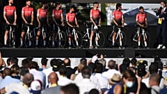 amsic riders attend the teams' presentation two days before the start of the 1st stage of the 107th edition of the Tour de France