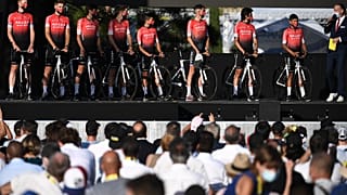amsic riders attend the teams' presentation two days before the start of the 1st stage of the 107th edition of the Tour de France