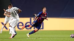 Barca striker Luis Suarez on his way to the turf in game between FC Barcelona and Bayern Munich at the Luz stadium in Lisbon, Portugal, Friday, Aug. 14, 2020