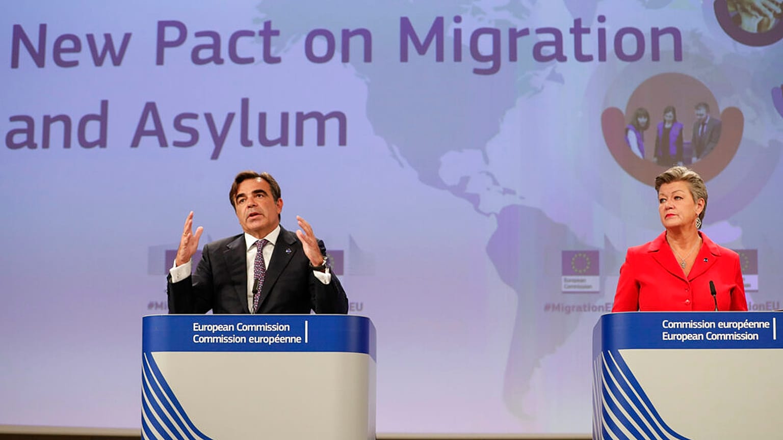 Margaritas Schinas, left, and European Commissioner for Home Affairs Ylva Johansson present the EU's New Pact on Migration and Asylum