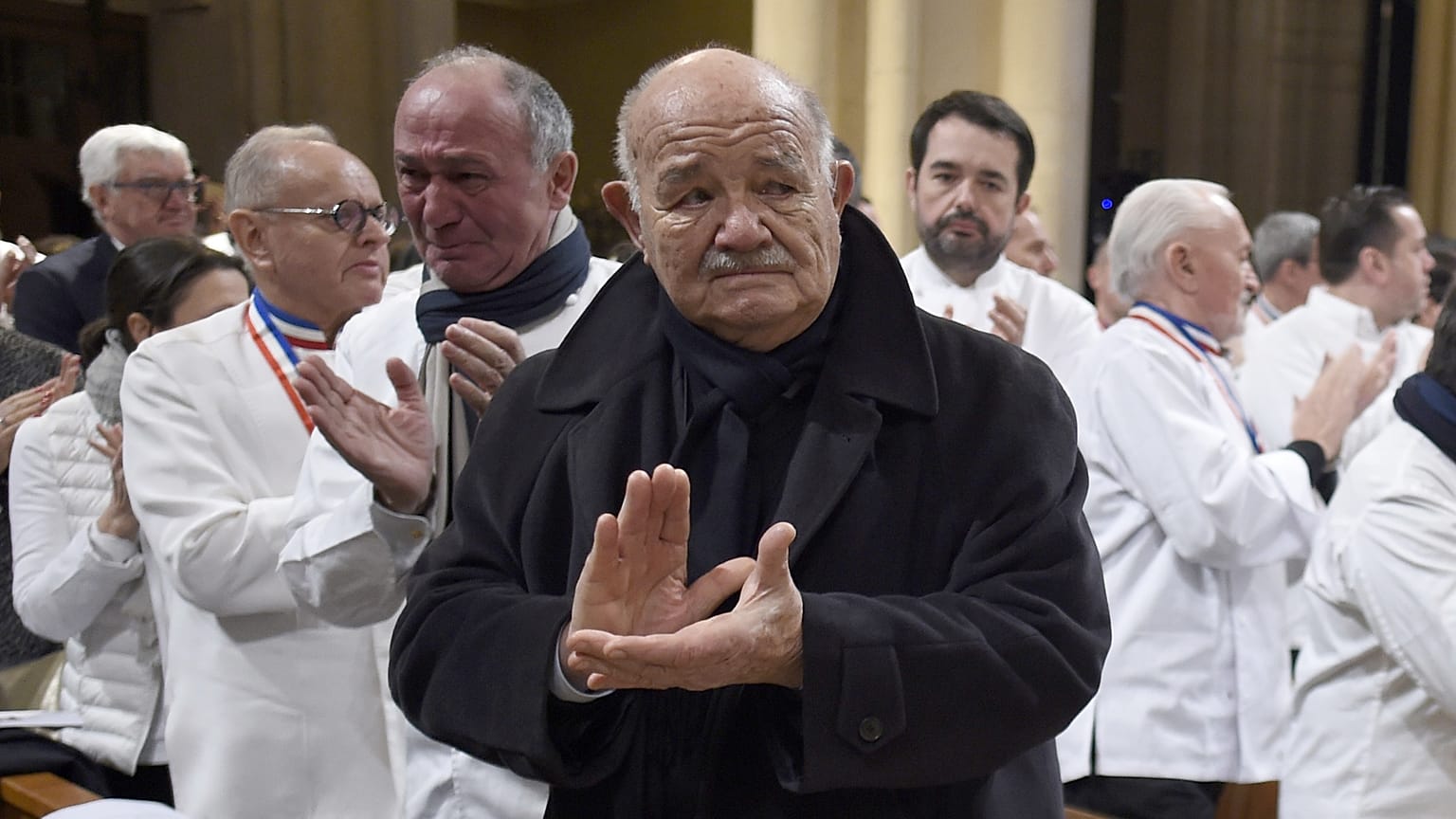 Le chef Pierre Troisgros, lors des funérailles de son ami Paul Bocuse.