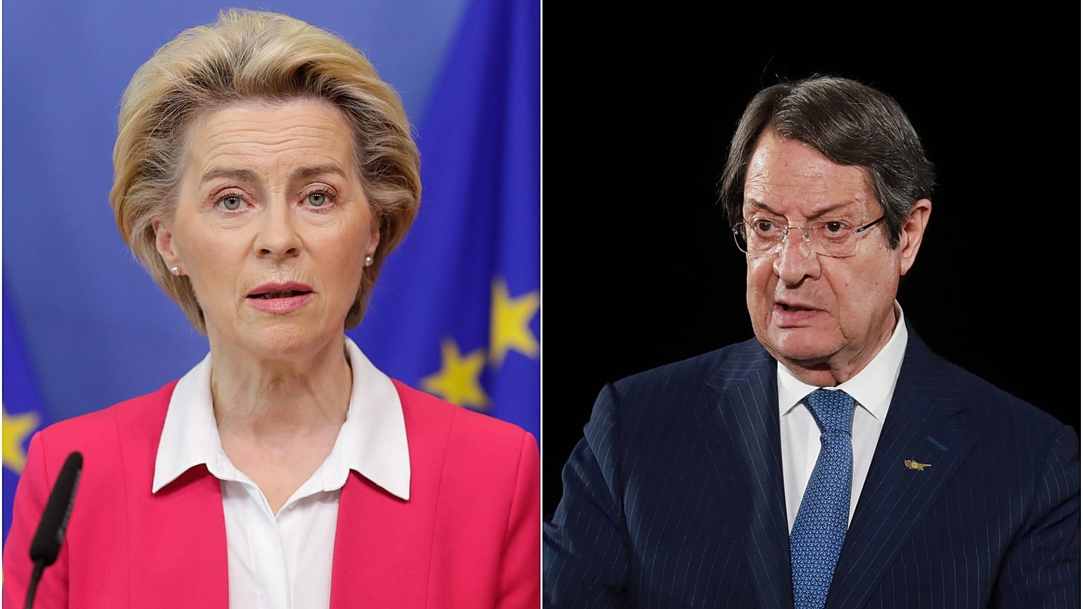 AB Komisyonu Başkanı Ursula Von der Leyen (solda), Güney Kıbrıs Rum Yönetimi Cumhurbaşkanı Nikos Anastasiadis 