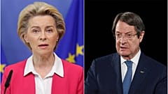 AB Komisyonu Başkanı Ursula Von der Leyen (solda), Güney Kıbrıs Rum Yönetimi Cumhurbaşkanı Nikos Anastasiadis 