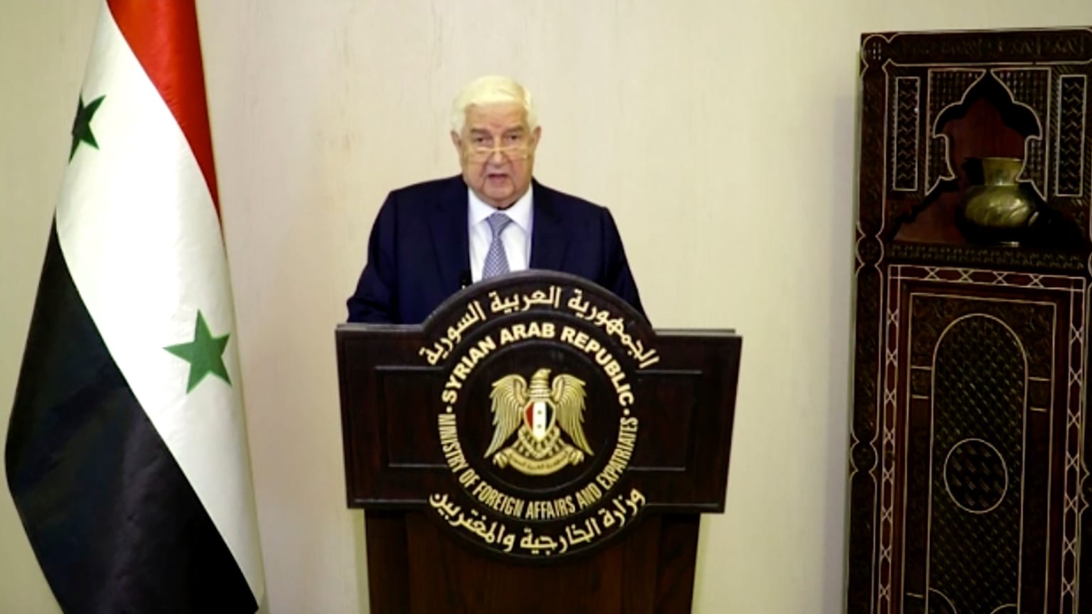 وزير الخارجية السوري وليد المعلم يتحدث في رسالة مسجلة خلال الدورة 75 للجمعية العامة للأمم المتحدة