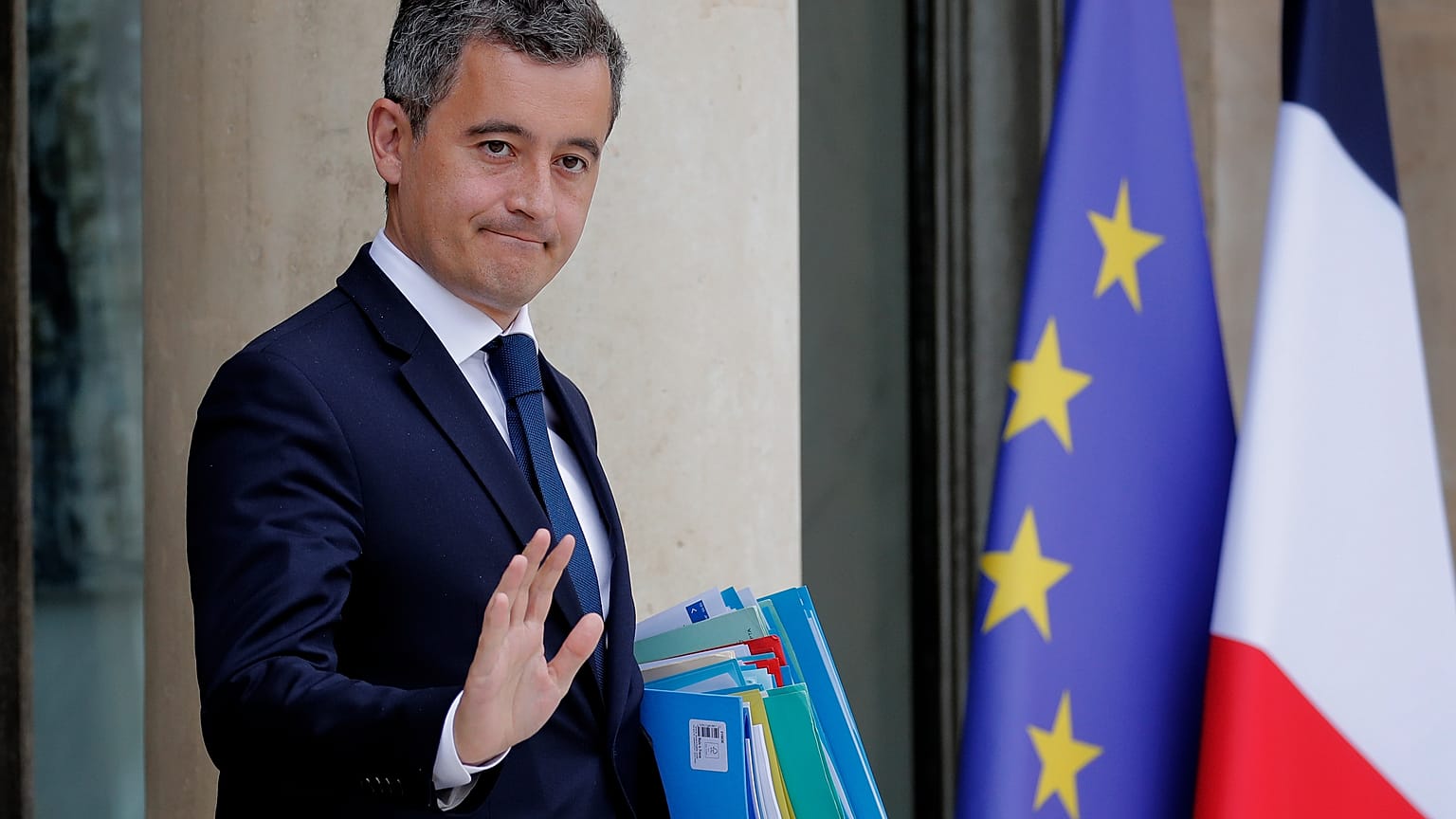 France's Interior Minister Gerald Darmanin leaves after the weekly cabinet meeting at the Elysee Palace in Paris, Wednesday, July 15, 2020. 