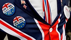Un supporter pro-Brexit porte des badges lors d'une manifestation devant le Parlement à Londres, le lundi 28 octobre 2019.