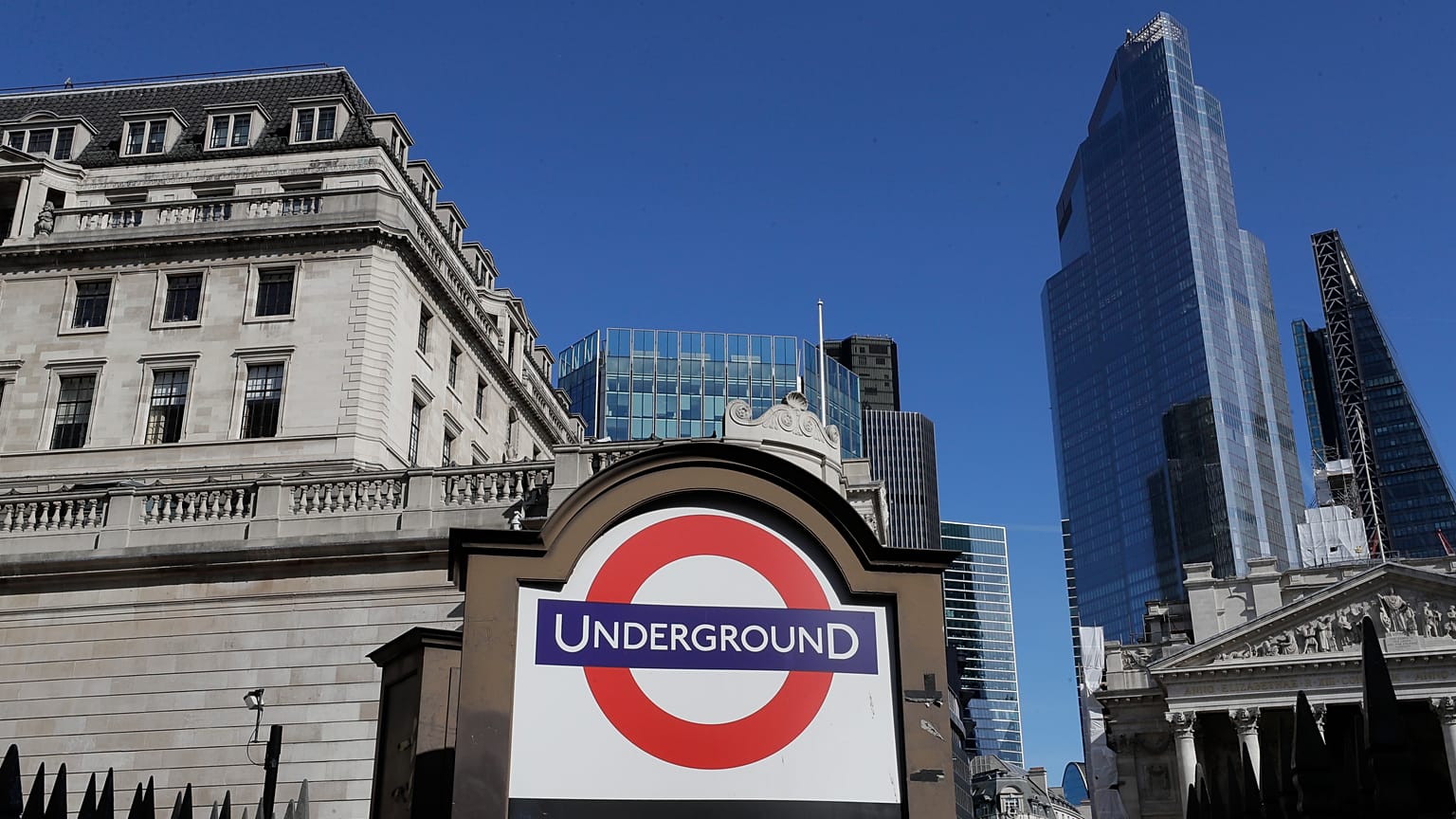 A blue sky over Britain's financial district in London, Monday, Sept. 28, 2020. 