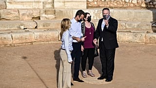 US Secretary of State Mike Pompeo, his wife Susan, Greek Prime Minister Kyriakos Mitsotakis and his wife Mareva Grabowski visit the archeological site of Aptera,in Crete