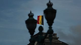 The Belgian flag flaps in the wind on the roof of the royal palace in Brussels.