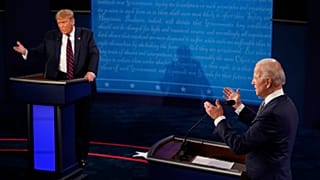 President Donald Trump and Democratic presidential candidate former Vice President Joe Biden exchange points at first presidential debate. September 29, 2020. Cleveland, Ohio.