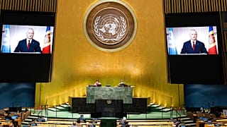In this photo provided by the United Nations, President of the Republic of Moldova, Igor Dodon's pre-recorded message is played during the 75th session of the UN